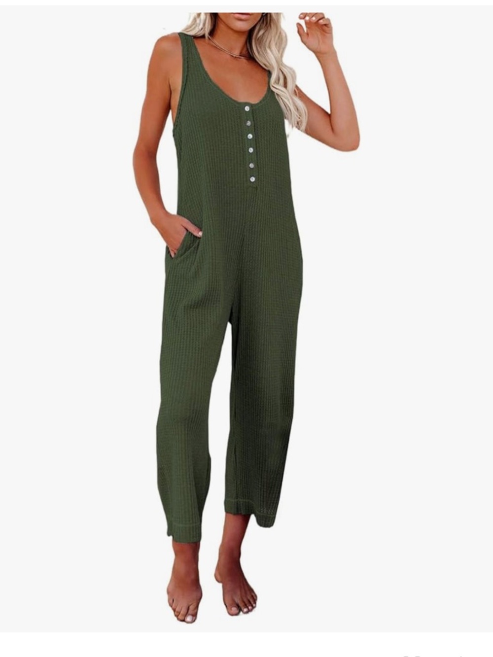 Sleeveless Olive Green Button-Front Jumpsuit with Pockets